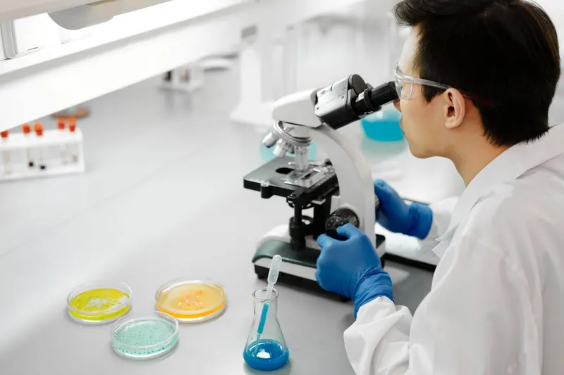 Una persona observa muestras con un microscopio en un laboratorio